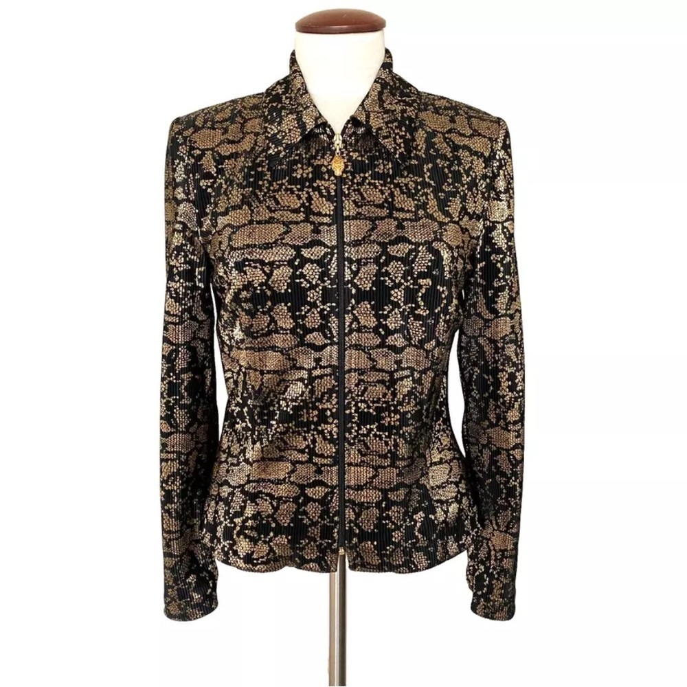 Vintage Joseph Ribkoff Trends Black Gold Ribbed Full Zip Jacket Lined Sz 10